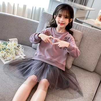 Meiteņu kleitas mežģīnes modes rudens raibs krekls kleita izšuvumi, ziedu apģērbu pusaudžu bērnu princese apģērbs 2020