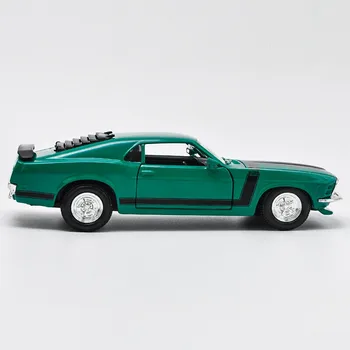 1:24 1970. gada Ford Mustang BOSS 302 Muskuļu Auto Zaļā Metāla Luksusa Transportlīdzekļa Lējumiem Pull Atpakaļ Automašīnas Modeļa Rotaļlietu Kolekcija Ziemassvētku Dāvanu