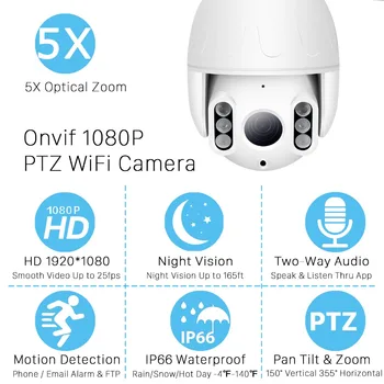 1080P MINI PTZ WIFI IP Kameras 1080P 5X TĀLUMMAIŅAS Āra Dome Bezvadu Onvif IP Kamera 2.0 MP IS Nakts Redzamības 50m Mājas Drošības Kameras