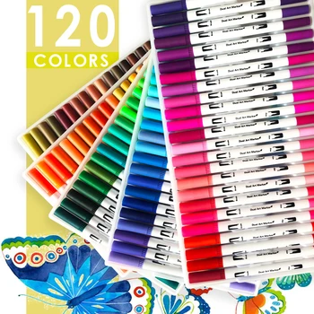 120 Krāsas Mākslas Marķieri Dual Padomus, Krāsošana Birste, Pildspalva Fineliner Krāsu Ūdens Marķieri Skolas Mākslas Piederumi Zīmēšanai Krāsojamā Grāmata