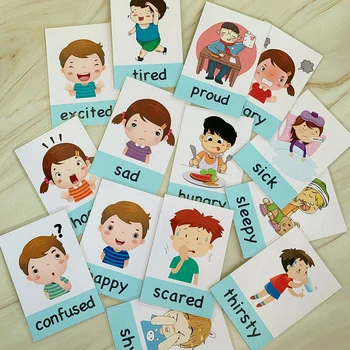 14Pcs Montessori Bērnu angļu valodas apmācības Kartes Karikatūra Garastāvokli, Emocijas Flash Karšu Bērnu Agrīnās Izglītības Rotaļlieta Atmiņas Spēle