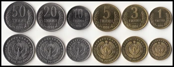 1994 UZBEKISTĀNA 6 monētu KOPUMS 1,3,5,10,20,50 TIYIN UNC UNCIRCULATE oriģinālu monētu