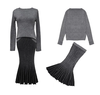 2 gabals, kas sievietes Tērps sieviešu Džemperis Uzstādīt Jaunu Rudens Dāmu Tērpi Tops+Svārki Modes Adīšanas garām piedurknēm, Svārki Uzvalki