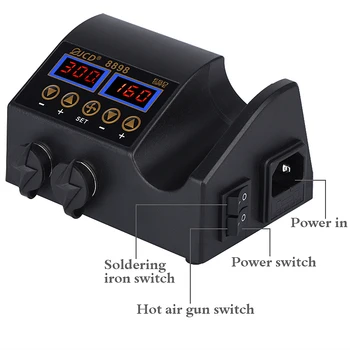 2 in 1 750W karstā gaisa pistoli LCD Digitālais displejs metināšanas pārstrādāt stacija mobilo telefonu BGA SMD PCB IC Remonts lodēt dzelzs hairdry 8898