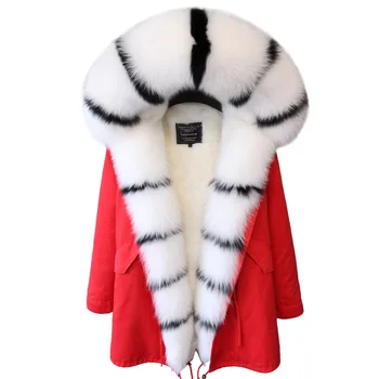 2018 dabīgās Kažokādas Jaka Garās Sieviešu Ziemas Mētelis Parkas Dabas fox Kažokādas Apkakle Kapuci, mākslīgās Kažokādas Oderējums, Modes Zīmola Streetwear