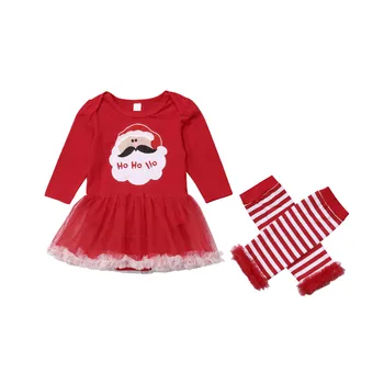 2018 Diezgan Baby Toddler Meitenes Ziemassvētku Kokvilnas Apģērbs ar garām Piedurknēm Santa Claus Tilla Kleita, Svītraina Kāju Sildītāji 2gab Komplekti 0-18M