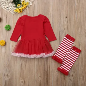 2018 Diezgan Baby Toddler Meitenes Ziemassvētku Kokvilnas Apģērbs ar garām Piedurknēm Santa Claus Tilla Kleita, Svītraina Kāju Sildītāji 2gab Komplekti 0-18M