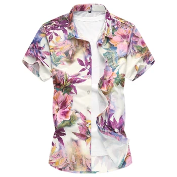 2019. gadā, Vīriešiem, Jaunas Vasaras Havaju brīvdienas Puse Īsām piedurknēm krekli modes ziedu iespiesti Hip hop vīriešu ikdienas krekls 5XL 6XL 7XL