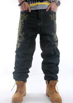 2019 Jaunu Melnu vīriešu hip hop zelta izšuvumi zaudēt baggy stila zēnu džinsa bikses vīriešu džinsu bikses plus size30-46