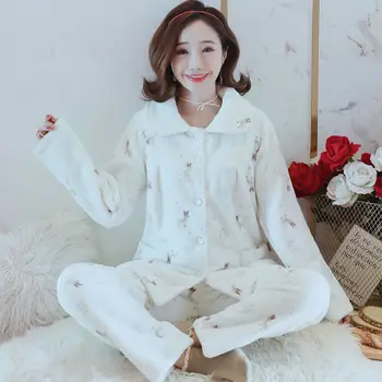 2020 Biezs Flaneļa Pidžamas Sieviešu Ziemas garām Piedurknēm Koraļļu Vilnas Uzvalks Ziemas Atpūtas Topi korejiešu Stilā