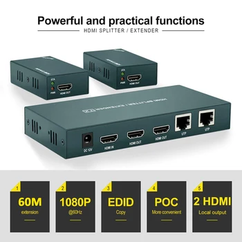 2020. gada Labāko 1x2 HDMI Splitter Extender 60m 1x4 HDMI UTP Extender Cat5e Cat6 1080P RJ45, HDMI Splitter extensor Raidītājs Uztvērējs