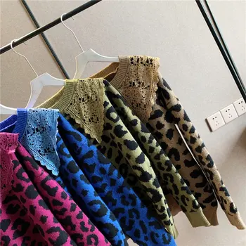 2020. Gada Rudenī Jaunu Retro Leopards Drukāt Mežģīnes Lelle Apkakles Džemperis Džemperis Ar Garām Piedurknēm Džemperis Sievietēm