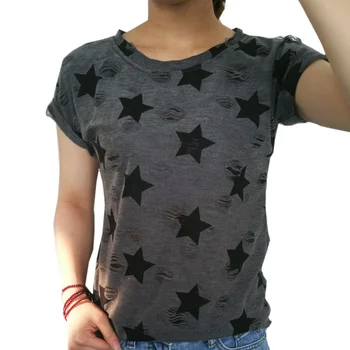 2020. gada Vasaras Modes Harajuku Caurumu T Krekls Dāmas Īsām Piedurknēm Melnā Zvaigzne Drukāt Vintage Gadījuma T-krekls O-veida Kakla Topi