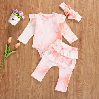 2020 Jaunu Bērnu Kaklasaites Krāsu Apģērbu Komplekts Jaundzimušā bērna Meitene Drēbes 3Pcs garām Piedurknēm Romper+Savirmot Bikses+Galvas stīpa