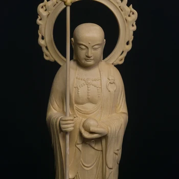 28cm Ksitigarbha Cipreses Koka Skulptūru Dzīves Telpu Dekorēšana Feng Shui Koka Budas Statuja Ksitigarbha Bodhisatva Mājas Dekoru