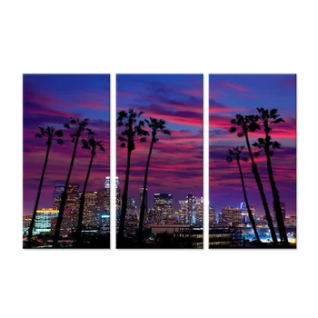 3 Gabals Violeta Plakāti Estētisko ASV, Los Angeles Nakts Pilsētas Gaismas pilsētas ainas Ar Plam Koku Siluetu Pār Debesīm Spīd Attēlu