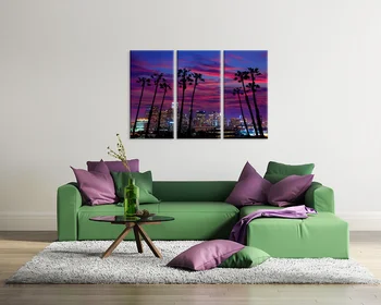 3 Gabals Violeta Plakāti Estētisko ASV, Los Angeles Nakts Pilsētas Gaismas pilsētas ainas Ar Plam Koku Siluetu Pār Debesīm Spīd Attēlu