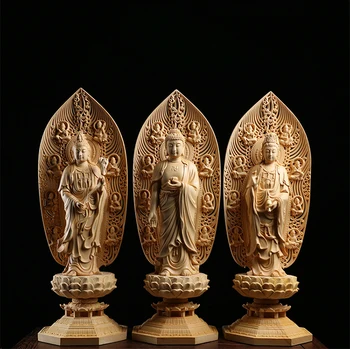 42cm 3PCS Rietumu Trīs Budas Cipreses Koka Statuja Feng Shui Budas Zāle Pielūgšanas Amitabha Guanyin Bodhisatva Mājas Dekoru