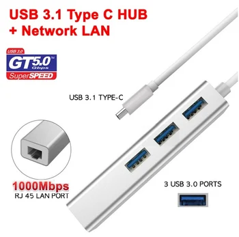 50Set Tips-C USB 3.1 C Tipa USB 3.0 HUB 3 Ostā ar 1000Mbps RJ45 Gigabit Ethernet Adapteris Priekš Macbook Viedtālrunis