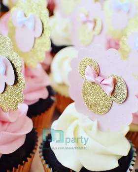 6pcs rozā un zelta peles cupcake toppers loku peli dzimšanas diena rozā un zelta pirmās dzimšanas dienas peli dzimšanas diena