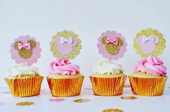 6pcs rozā un zelta peles cupcake toppers loku peli dzimšanas diena rozā un zelta pirmās dzimšanas dienas peli dzimšanas diena