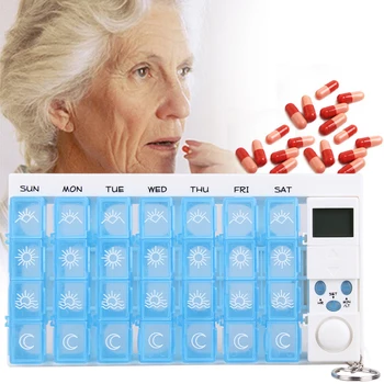 7 Dienas Pill Box Medicīna Tableti Gadījumā Organizators LED Taimeri Atgādinājums 28 Tīkli Nedēļas Tablešu Uzglabāšana Tableti Dozatoru Modinātājs