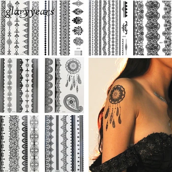 8 Loksnes Pagaidu Tetovējumu Uzlīmes Ziedu Mežģīnes Rotaslietas Stila Viltus Black Ķēdes, Aproces Tetovējums Sieviešu DIY Rokas Body Art Decal Karstā