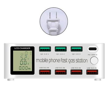 8-Port QC3.0 USB /C Tipa PD Fast Charger Smart LCD Displeja Izmērs Planšetdatora