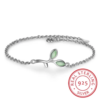925 Sterling Silver Opal Zaļās Lapas, Pumpuri Šarmu Aproces Sievietēm Augstas Kvalitātes Smalkas Rotaslietas