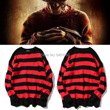 A Nightmare on Elm Street Fredijs Cosplay Kostīms, džemperis Melns Sarkans Svītrainām Caurumu Adīt Džemperi