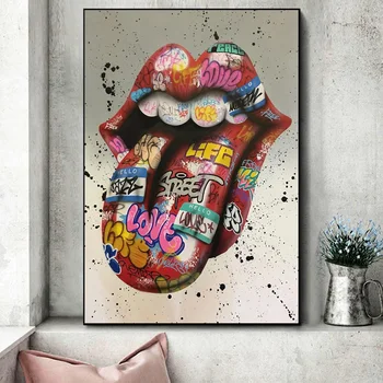 Abstraktus Grafiti, Lūpu, Mēles Ielu Mākslas Izdrukas Audekls Sienas Gleznojums, Par Mūsdienu Dekori Izdrukāt Smieklīgi Plakāta Attēlu Dzīvojamā Istaba