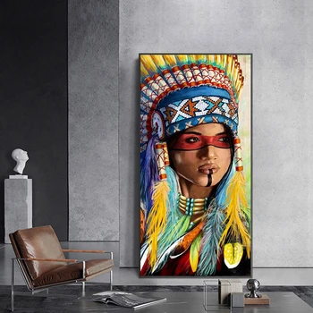 Akvarelis Anotācija Native Indijas portrait (Portrets) Kanvas Glezna Plakāti un Izdrukas Skandināvijas Sienas Mākslas Aina Dzīvojamā Istaba