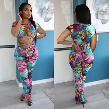 ANJAMANOR Tauriņa Kaklasaiti Krāsošanas Sexy Jumpsuit Sieviešu Vasaras 2020. Gadam Clubwear Viens Gabals Apģērbs Mežģīnes Up Dobi Bodycon Kombinezonus D35-CI30