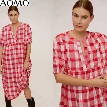 AOMO 2020. gadam, modes sievietēm sarkanā pleds kokvilnas vasaras kleita ar īsām piedurknēm dāmas vintage midi kleitu vestidos 3A38A