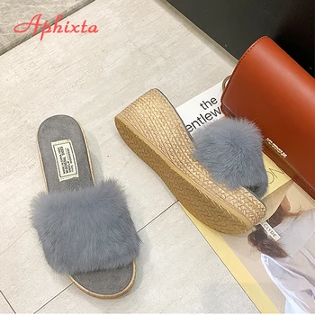 Aphixta 7cm Ķīlis Papēži Siltu Kažokādas Sieviešu Čības Koksnes Graudu Sieviešu Kurpes Ziemas Platforma Sieviešu Kurpes Mājas Tupele Zapatos Mujer