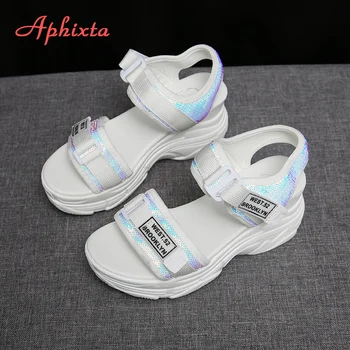 Aphixta Platformas Sandales Sieviešu Ķīlis Augstpapēžu Kurpes Sieviešu Sequined Hook & Loop Vasaras Zapatos Mujer Čības Sieviete Sandales