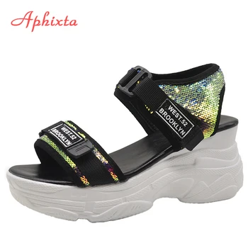 Aphixta Platformas Sandales Sieviešu Ķīlis Augstpapēžu Kurpes Sieviešu Sequined Hook & Loop Vasaras Zapatos Mujer Čības Sieviete Sandales