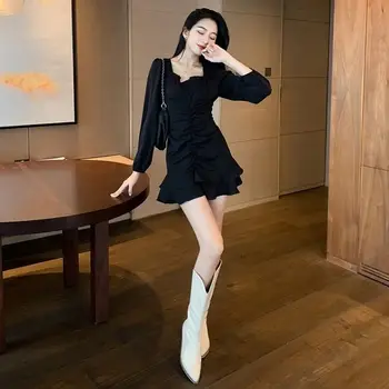 Ar garām Piedurknēm Kleita Sievietēm Kroku Savirmot Puff Piedurknēm Laukumā Apkakle Melnā Retro korejiešu Stila Slim Eleganti Izstrādātas mini Formas