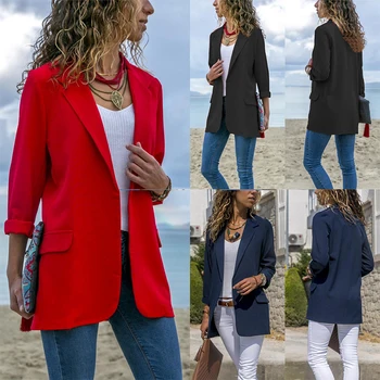 Ar Garām Piedurknēm Uzvalks Modes Sieviešu Brīvā Laika Gadījuma Atloks Slim-Fit Tīrtoņa Krāsu Īsa Žakete Melnā, Sarkanā, Zilā