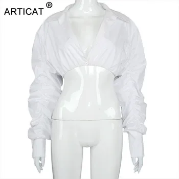Articat Sexy Puff Piedurknēm Īss T Krekls Sieviešu Modes Slim Kultūraugu Top Sieviete Baltā Gadījuma Puse Sieviešu Kluba Streetwear Augšu