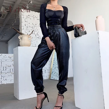 ArtSu Ziemas Elastīga, Augsta Vidukļa Sievietēm, Melna PU Ādas Bikses Modes Harēma Bikses 2019 Gadījuma Bikses Streetwear Pantalon Femme
