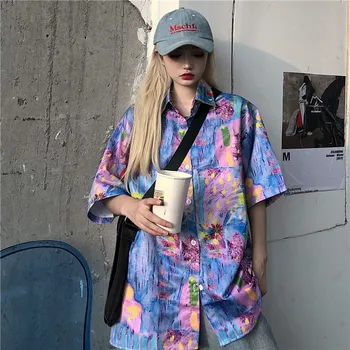 Arī klasiskajā streetwear blūze sievietēm shirtship hop lielajam flora print plus lieluma galotnēm korejas vintage apģērbu 2020. gada vasaras top krekls