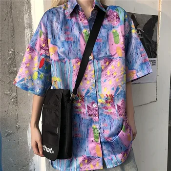 Arī klasiskajā streetwear blūze sievietēm shirtship hop lielajam flora print plus lieluma galotnēm korejas vintage apģērbu 2020. gada vasaras top krekls