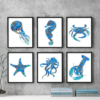 Astoņkājis, Jūras Vintage Plakāti un Izdrukas Zils, Kraken, Astoņkājis,Jūras zirgs Kanvas Glezna Attēlu Zemniecisks Vannas istabas Sienas Mākslas Dekori