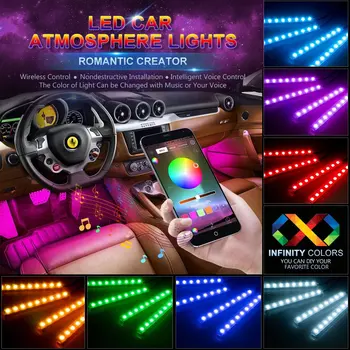 Auto LED Sloksnes Gaismas 4gab 48 LED Bluetooth App Kontrolieris Interjera Apgaismojums, Multi Krāsu, Mūziku, Auto led Strip Gaismas Saskaņā ar Domuzīmi