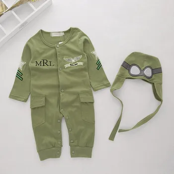 Baby Boy Zīdaiņu Zaļā Pilnu Piedurknēm Pilots Lidotājs Romper+Cepure 2gab Uzstādīt Playsuit Apģērbs Jumpsuit Kombinezonus Kokvilnas Kostīms