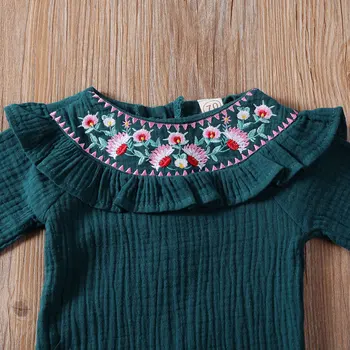 Baby Romper 2019 vintage Jaundzimušais Mazulis Baby Girl Apģērbu Ziedu garām Piedurknēm Izšuvumi Savirmot Romper Jumpsuit Apģērbs