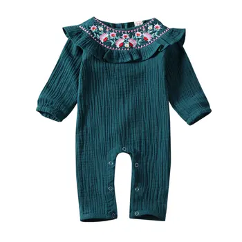Baby Romper 2019 vintage Jaundzimušais Mazulis Baby Girl Apģērbu Ziedu garām Piedurknēm Izšuvumi Savirmot Romper Jumpsuit Apģērbs