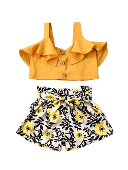 Baby Toddler Meitene 1T-6T Apģērbu Vasaras tīrtoņa Krāsu Savirmot Siksna Crop Topi Ziedu Drukāt Īsās Bikses 2gab Apģērbs, Apģērbu Komplekts