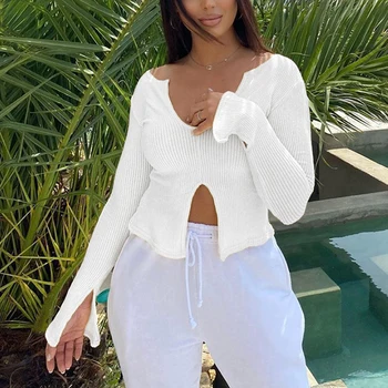 Balts, Melns T-krekls Rievoti Adīta ar garām Piedurknēm Strech Nelegālo Gadījuma Sexy Sievietes Rudens Topi 2019 Streetwear